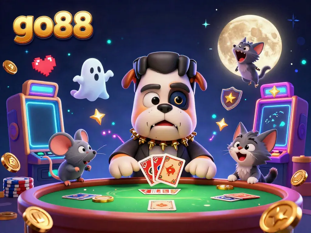 Engage in thrilling gameplay with go88 as a whimsical Frankenstein bulldog deals cards under vibrant neon lights.