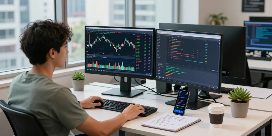 DAX index quote API in action at a high-tech developer workspace with live stock data and coding.