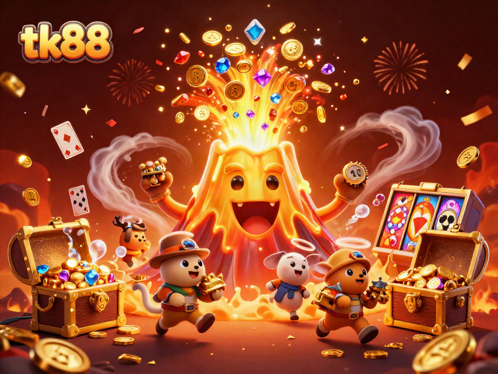 tk88 showcases a winning moment with a volcano erupting treasure and vibrant slot elements.