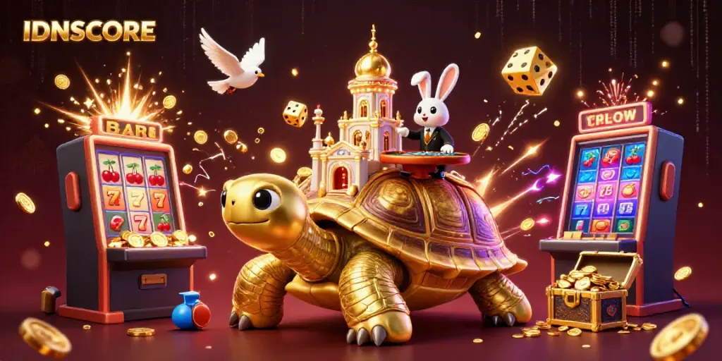 Experience IDNSCORE with a vibrant casino scene featuring a golden tortoise and dynamic gaming elements.