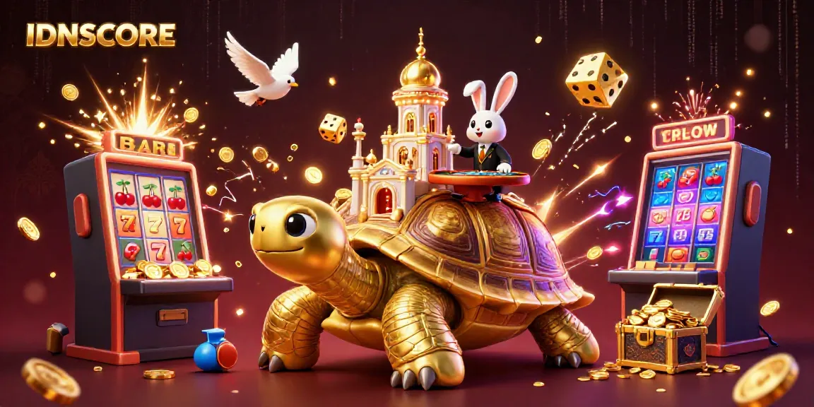 Experience IDNSCORE with a vibrant casino scene featuring a golden tortoise and dynamic gaming elements.