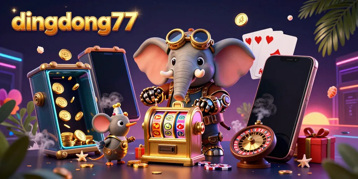Dingdong77 offers engaging gaming experience with steampunk elephant, vibrant slots and poker chips.