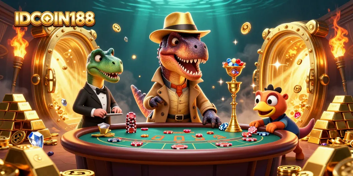 Experience IDCOIN188 with a dynamic scene featuring playful dinosaurs at a blackjack table surrounded by riches and casino elements.