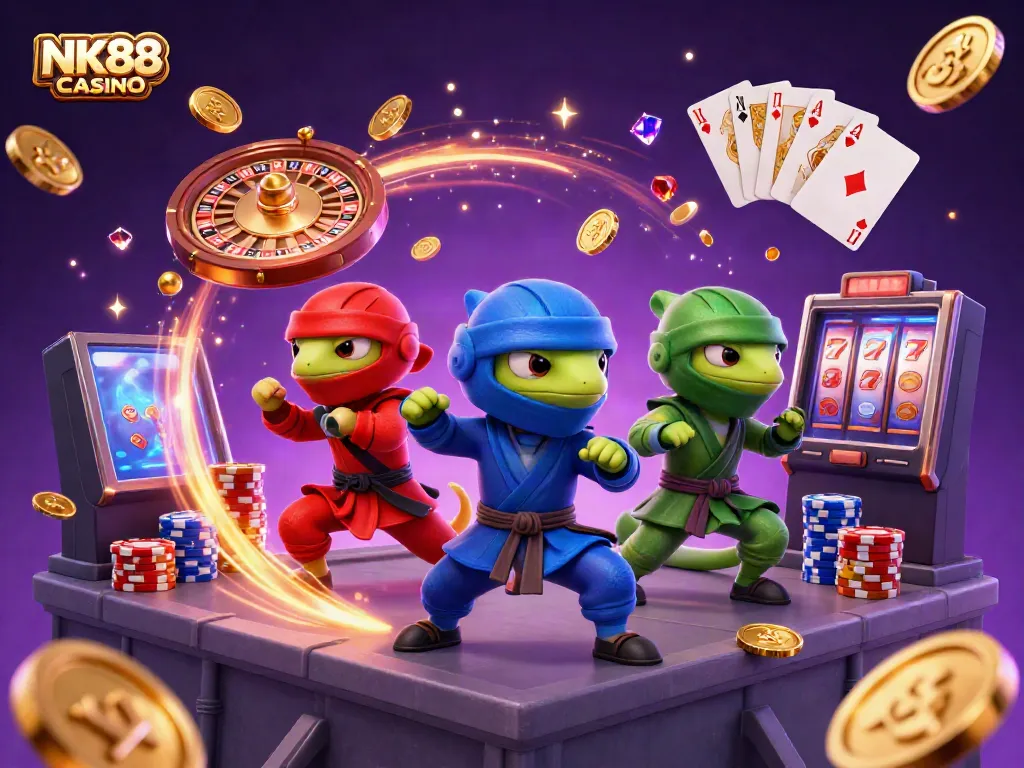 Engage with thrilling action at NK88 CASINO with animated chameleons amidst sparkling casino elements.
