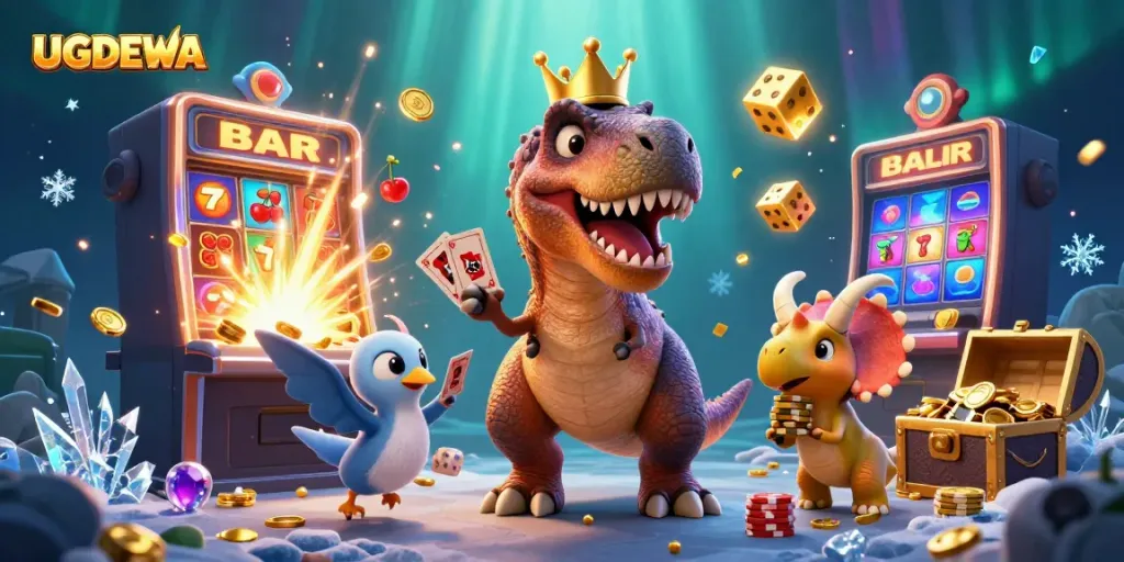 Engaging UGDEWA scene with a T-Rex shuffling cards amidst casino symbols and gold chips.