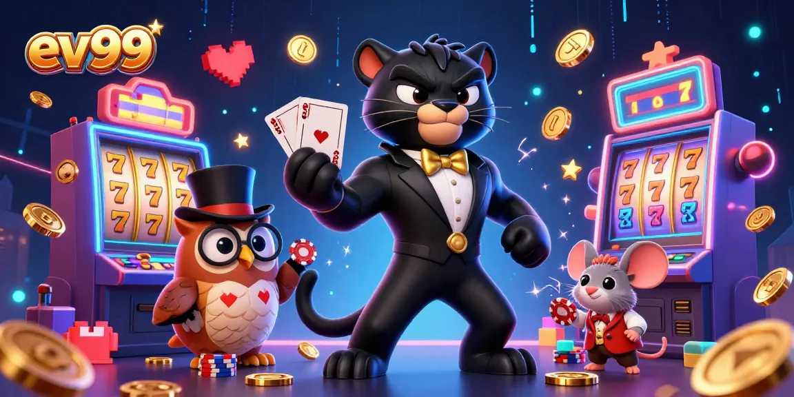 ev99 offers a vibrant and engaging casino scene with a black panther dealer, an owl with poker chips, and a lucky mouse.