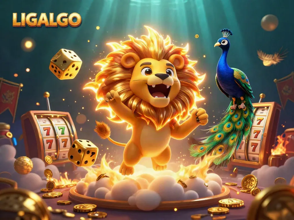 Join the adventure with LIGALGO, featuring a roaring lion and festive casino elements!