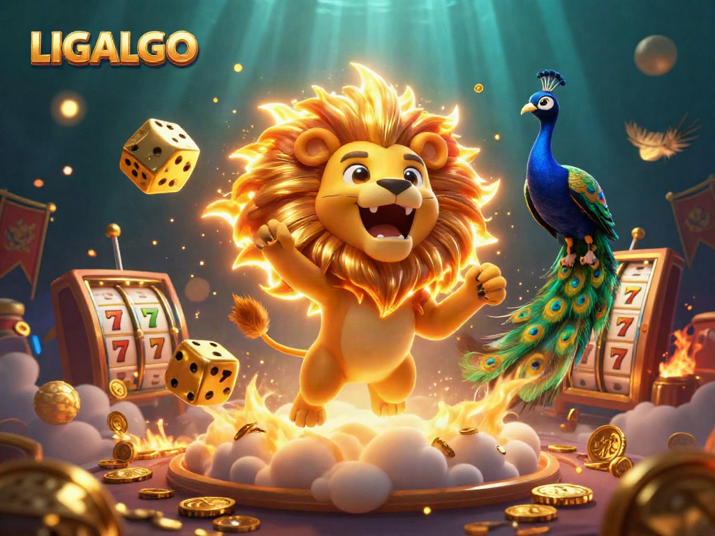 Join the adventure with LIGALGO, featuring a roaring lion and festive casino elements!