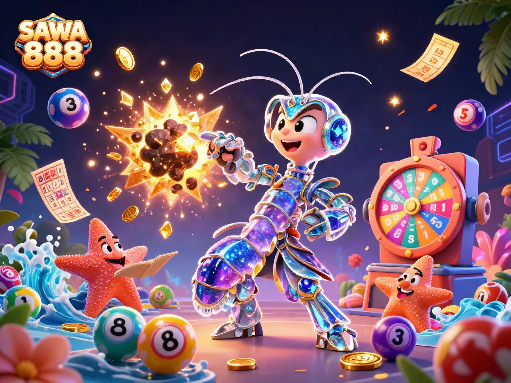 Experience thrilling slots with SAWA 888 as cartoon characters engage in vibrant gambling action.