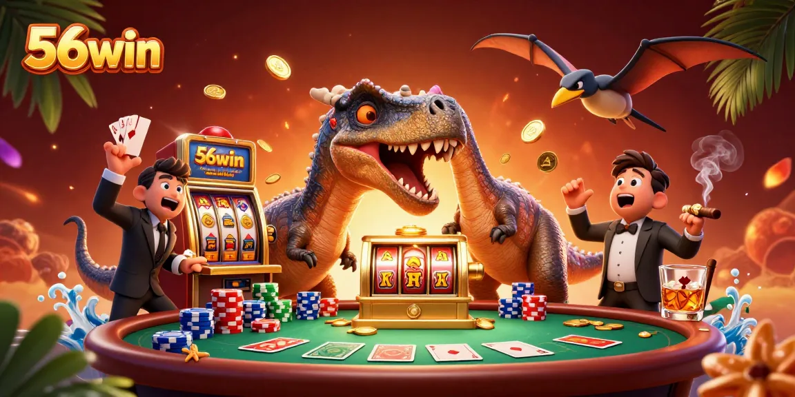 A dinosaur wins coins at 56win's slot machine amidst poker excitement and a creative casino scene.