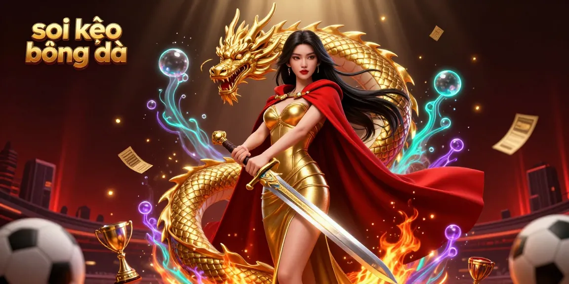 Bet and analyze soi kèo bóng đá with a striking Asian warrior queen and dynamic sports elements.