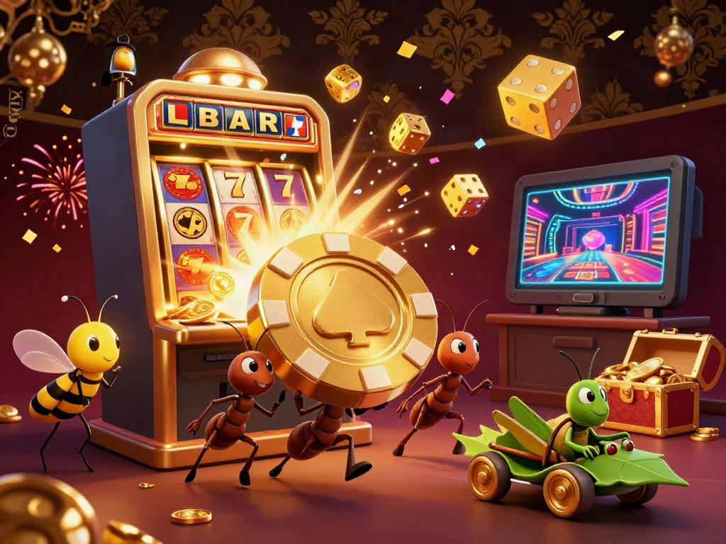 Experience LGOLUX with a dynamic scene of animated ants heisting a giant poker chip amidst casino elements.
