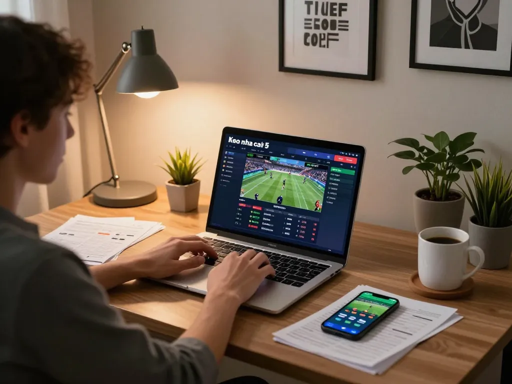 Engaged user analyzing Keo nha cai 5 sports betting interface on a laptop in a stylish home setup.