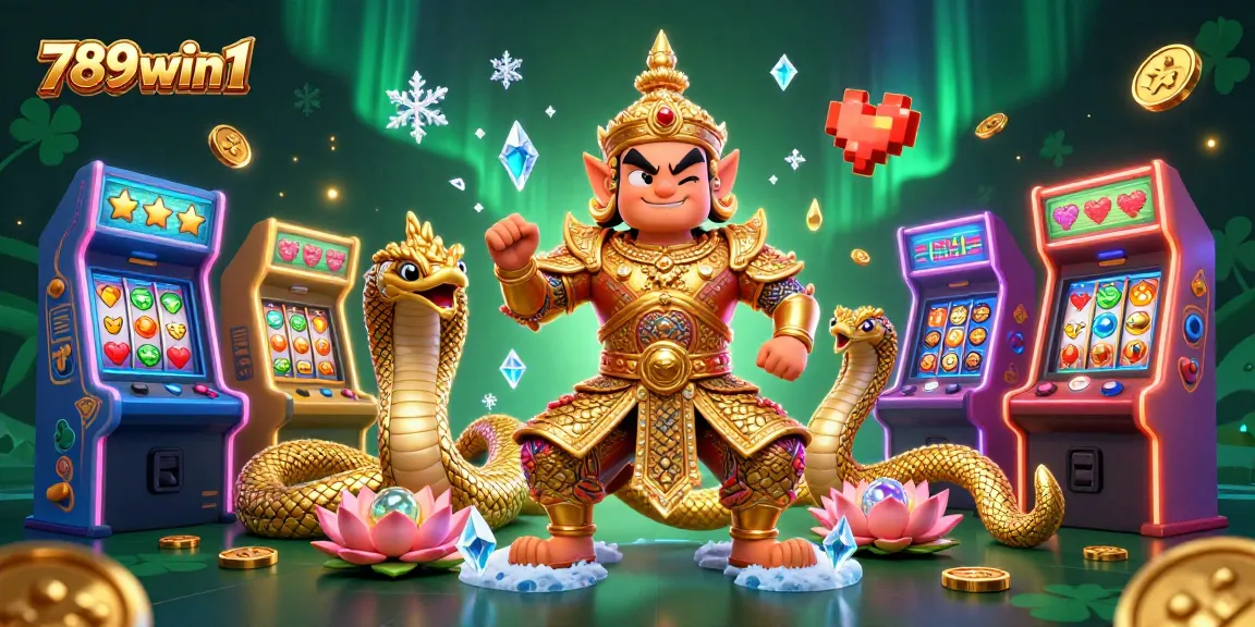 Engage with 789win1 in a vibrant casino scene featuring a friendly temple guardian and glowing arcade games.