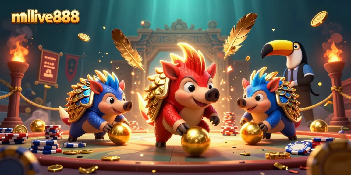 mmlive888 energizes the gaming experience, showcasing rival pangolins amidst poker chips and festive confetti.