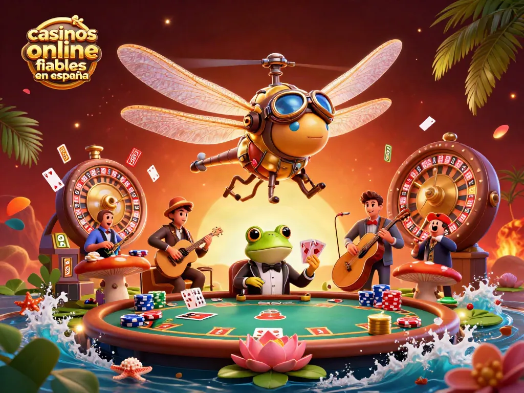 Disfruta de los casinos online fiables en España mientras juegas en una mesa de póker junto a un crupier rana.
