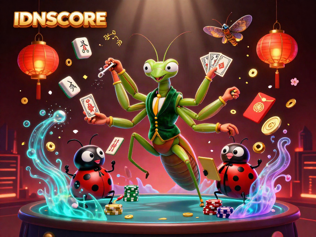 IDNSCORE showcases vibrant casino characters in a lively scene with games and festive decorations.