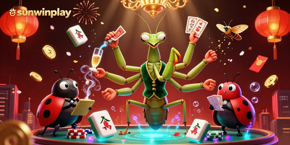 Experience the excitement of sunwinplay with a dynamic 3D illustration showcasing vibrant casino characters and elements.