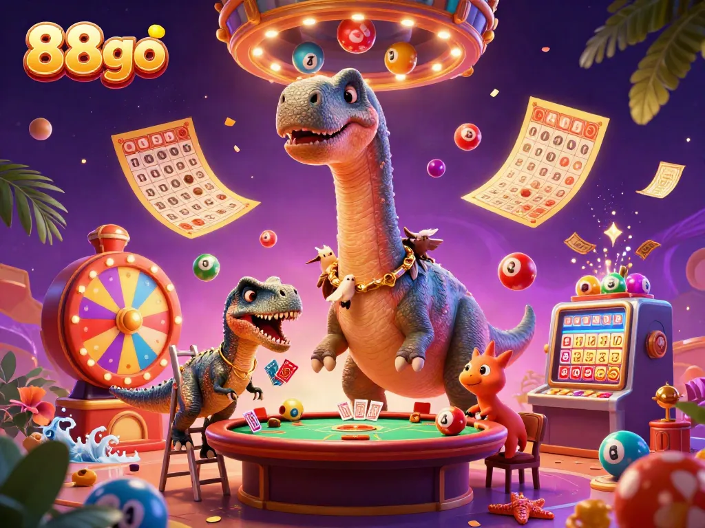 Experience the captivating world of 88go casino with unique characters and vibrant gambling elements in this rich 3D illustration.