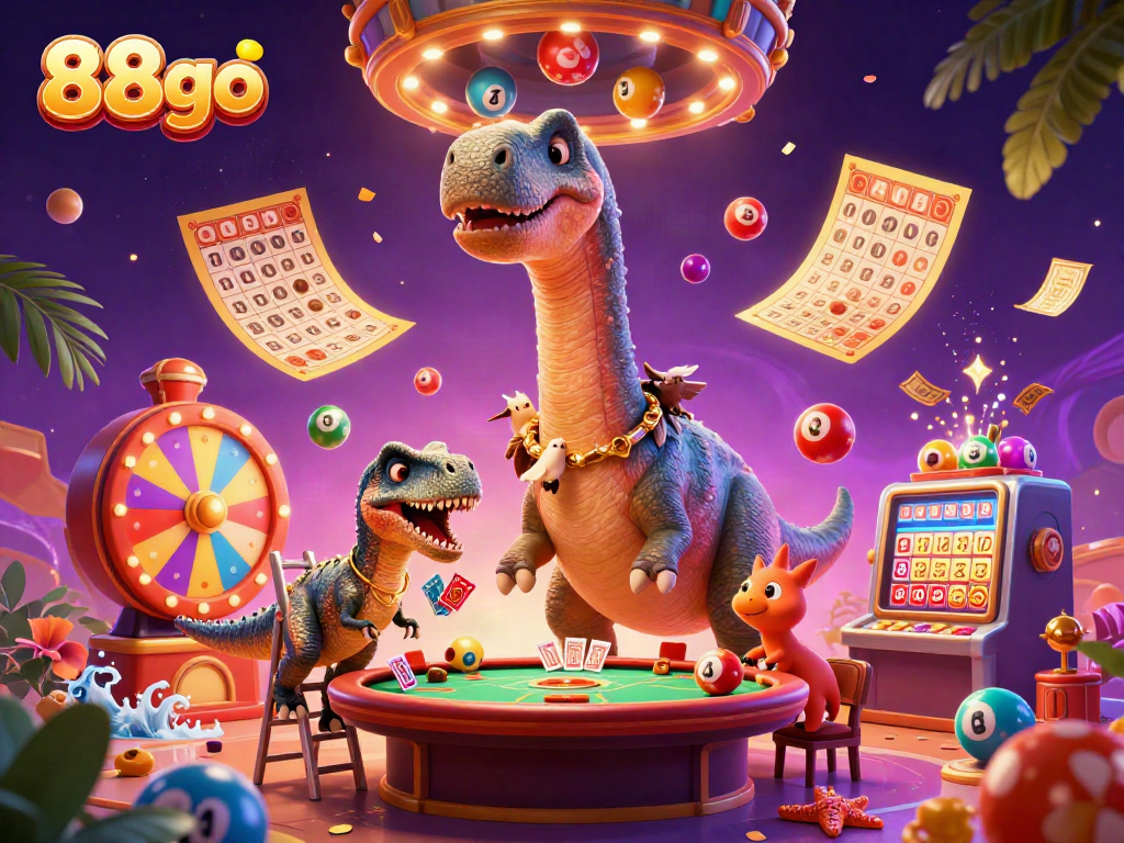 Experience the captivating world of 88go casino with unique characters and vibrant gambling elements in this rich 3D illustration.