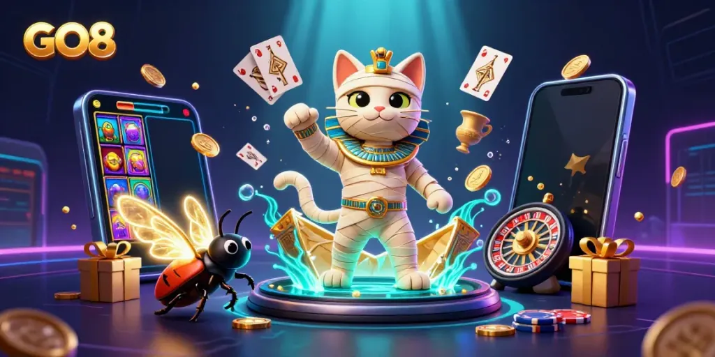 Engage in thrilling slots at GO8, featuring a vibrant Egyptian-themed casino scene with colorful games and animated characters.