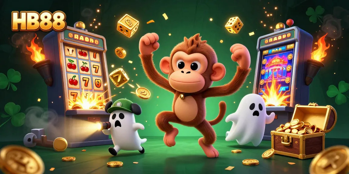 Experience the thrilling world of HB88 with a playful spirit and ghost-hunter puppy in a vibrant casino scene.