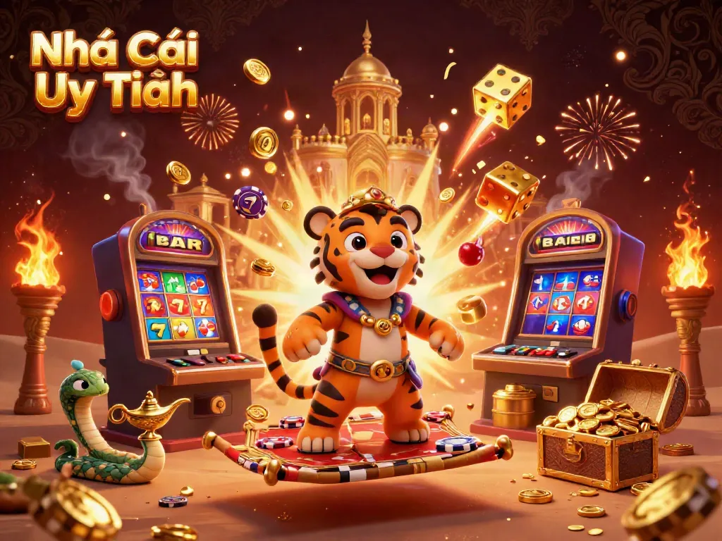 Experience the vibrant scene of Nhà Cái Uy Tín with a sultan on a flying carpet amid casino riches.