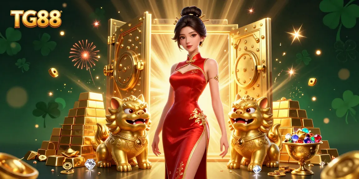 Experience excitement with TG88's vibrant casino illustration featuring an elegant woman and lucky symbols.