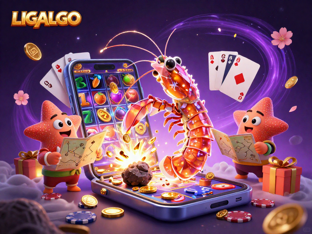 LIGALGO brings excitement as a galactic samurai mantis shrimp punches through an asteroid, revealing gems and coins.