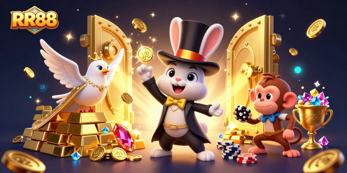 Engage with the thrilling world of RR88 as a magician rabbit reveals treasures in this captivating casino scene.