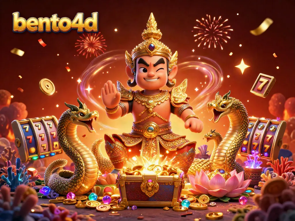 Bento4d brings excitement with a dynamic illustration of a Thai temple guardian and Naga serpents surrounded by vivid casino elements.
