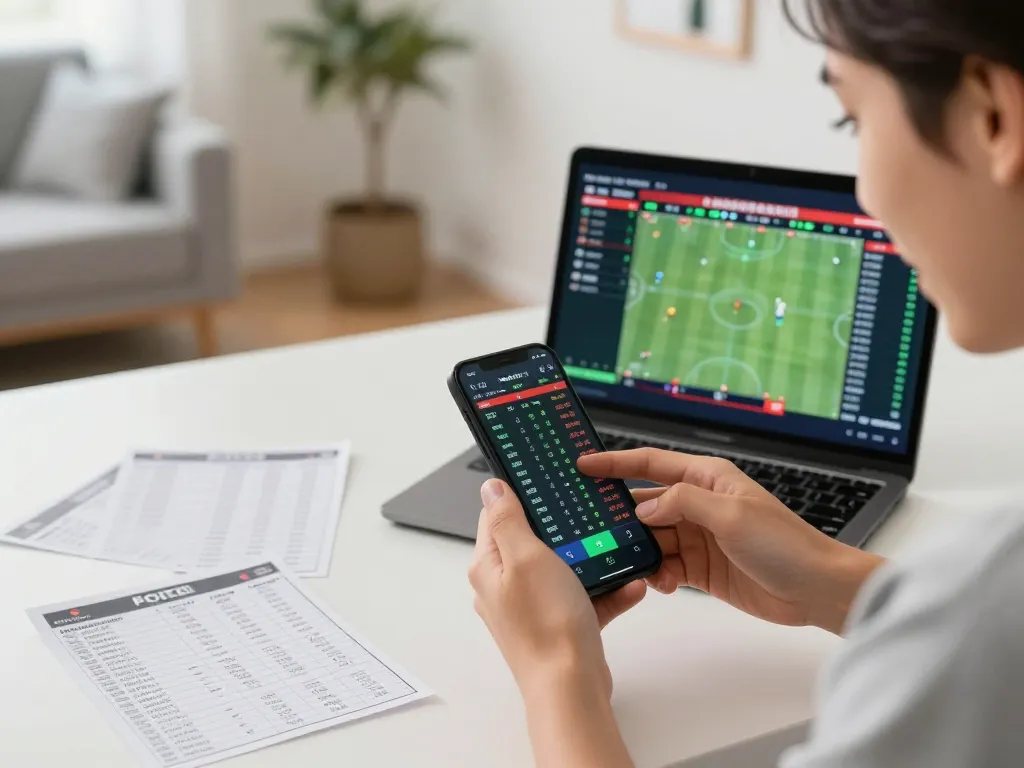 Person engaging in kèo nhà cái hôm nay with a smartphone, analyzing live betting odds.