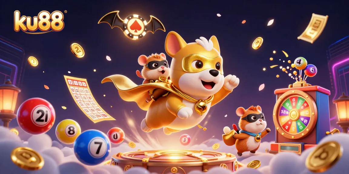 ku88 brings excitement with a superhero dog and lotto actions in a vibrant casino scene
