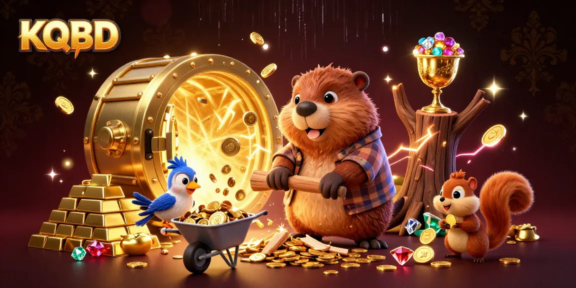 KQBD showcases a vibrant casino scene with animated characters collecting golden coins amidst luxurious treasure elements.