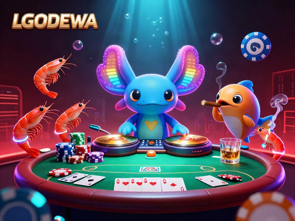 Experience the vibrant energy of LGODEWA with a neon axolotl DJ and dynamic casino elements.