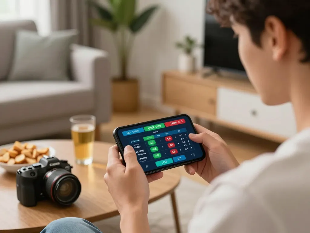 IDNSCORE RESMI sports betting platform displayed on smartphone screen in a cozy living room setup.