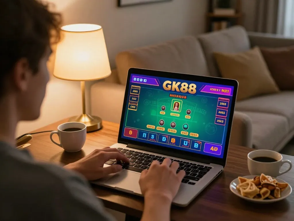 Player engaging with GK88 online casino on laptop, showcasing responsible gaming in a cozy home
