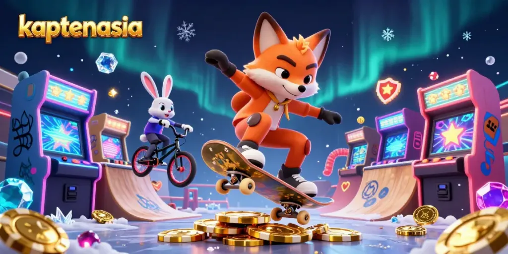 Experience thrilling gaming with kaptenasia as a fox skater performs tricks over golden poker chips.