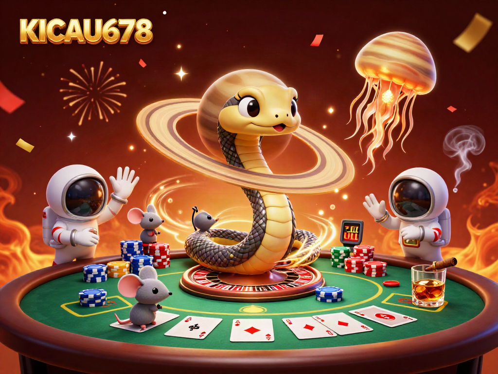 KICAU678 captures the excitement of cosmic gambling with a Saturn ring roulette and astronaut mice betting.