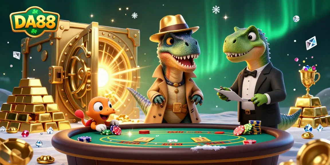 DA88 showcases a cartoon velociraptor card counter at a blackjack table, surrounded by casino treasures.