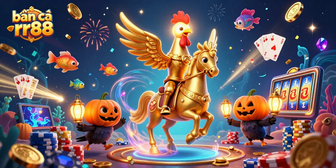 Bắn cá RR88 game showcasing a golden rooster shooting fish with underwater elements, vibrant visuals and rewards.