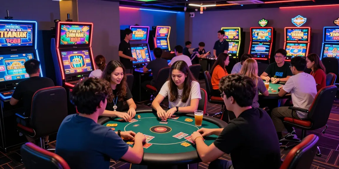 Exciting gaming environment at Yo88 with players enjoying card and slot games, showcasing vibrant social atmosphere.