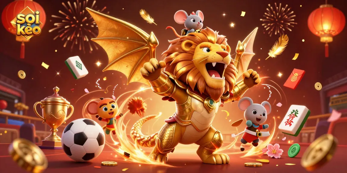 Soi kèo action scene showcasing a victorious chimera and mouse jockey, amidst sports betting elements.