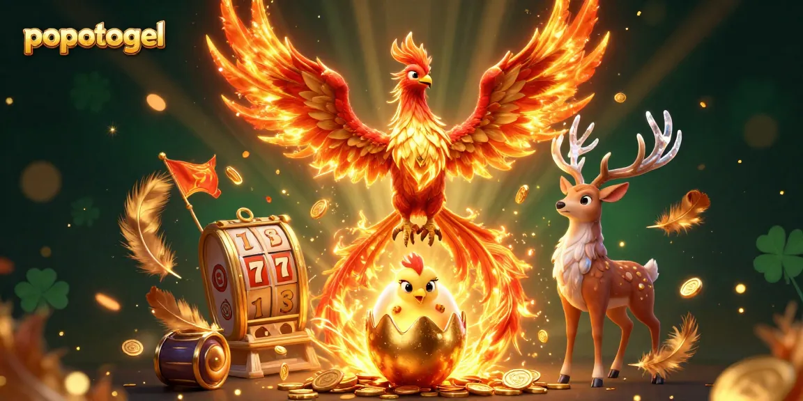 Experience popotogel's thrilling online slots with a dynamic 3D scene of mythical creatures and gaming elements.