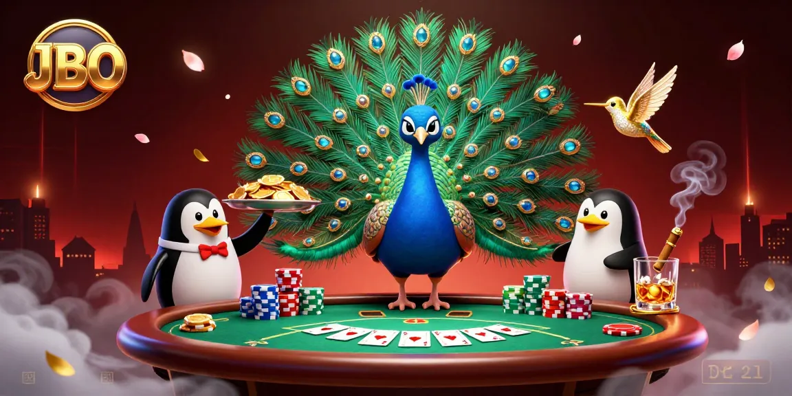 Experience excitement at JBO with an opulent peacock, penguin butler, and a hummingbird on a vibrant poker table.