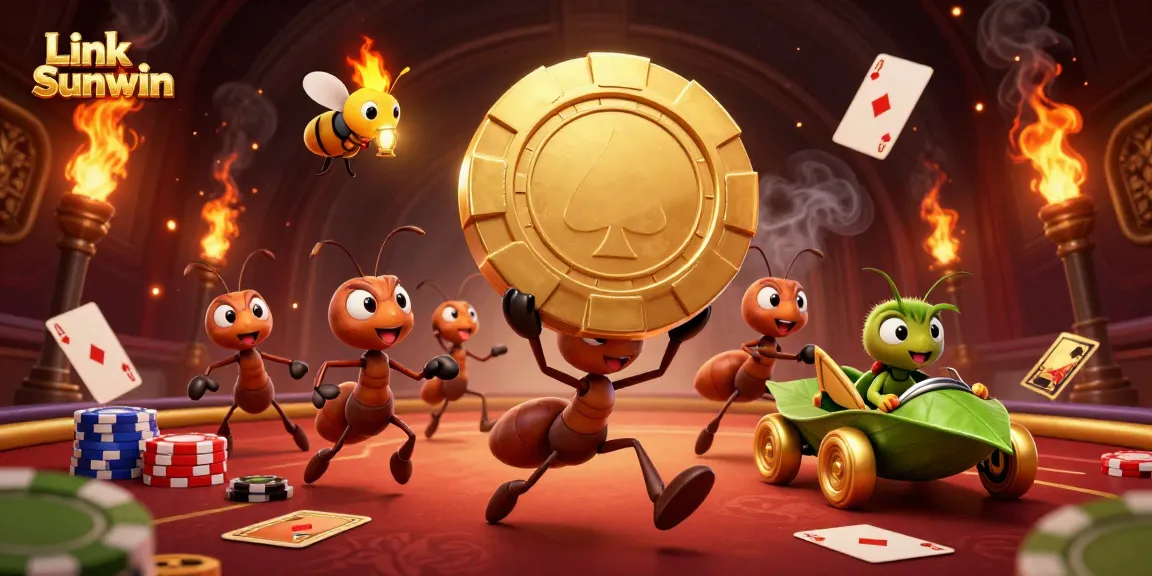 Experience the excitement of Link Sunwin as ants carry a giant poker chip through a colorful casino adventure.