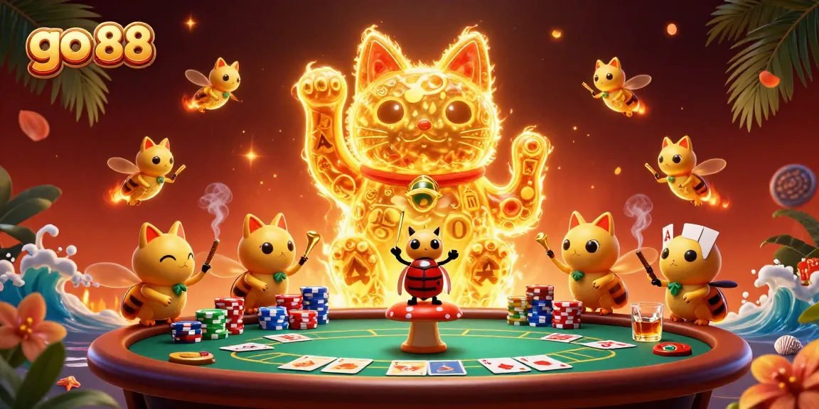 Experience the excitement of go 88 and colorful poker scenes with a lucky cat formation in a vibrant casino illustration.