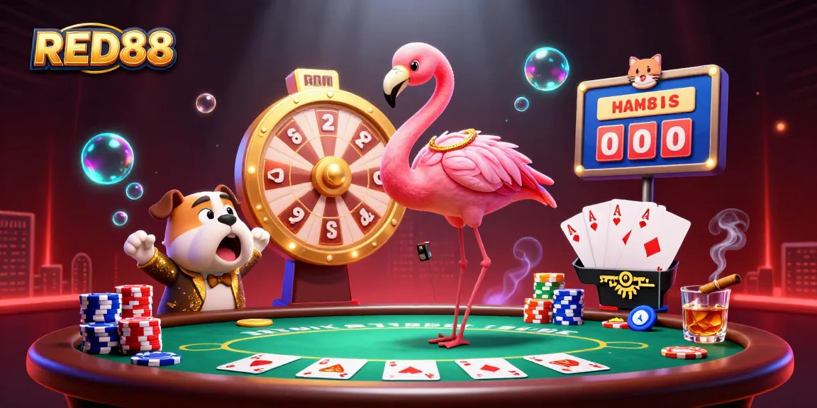 Engaging RED88 gaming scene with a flamingo host, bulldog contestant, and exciting prizes.