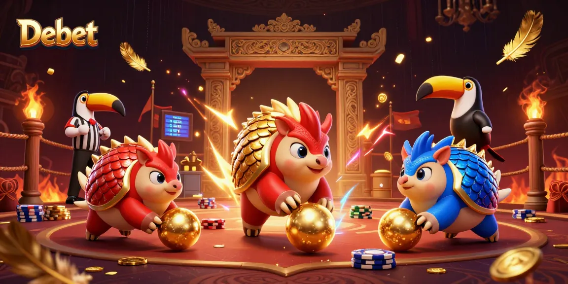 Experience thrilling gameplay at Debet with rival pangolins and poker chips in a vibrant casino scene.
