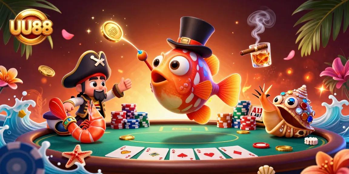Experience thrilling wins at UU88 with a cartoon anglerfish and friends at a poker table!